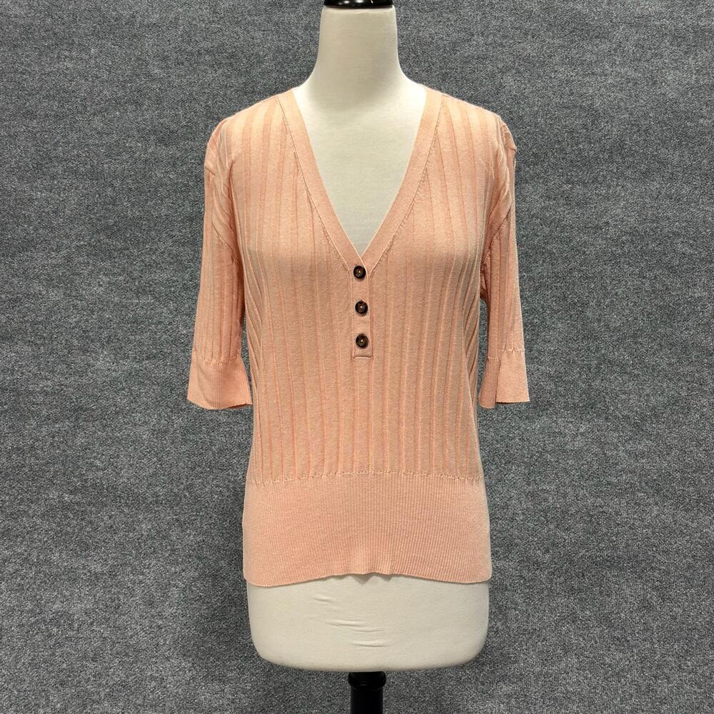 Ann Taylor Factory Sweater Womens XL Pink Henley V Neck Short Sleeve Ribbed Knit